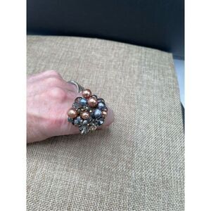 Vintage Beaded Wire Wrapped Pearl Mixed Beaded Cluster Ring Adjustable Sz 7.5